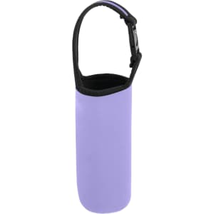 A drink bottle pouch in lavender with a black strap and branding, designed for easy carrying.