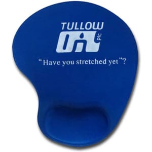 A blue gel mouse pad with a contoured shape and a logo printed on it.