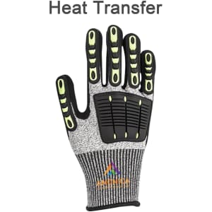 A pair of heavy-duty safety work gloves in grey and black, featuring reinforced thumb web and protective padding.