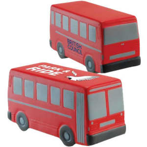 A red bus-shaped stress reliever with details on both sides and a logo on one side.