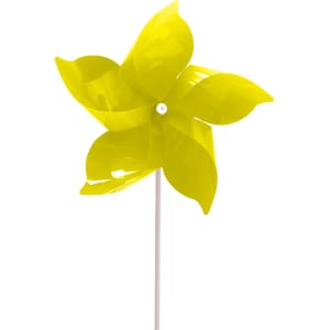 A five-leaf pinwheel in bright yellow, mounted on a white stick, features a smooth, shiny finish.