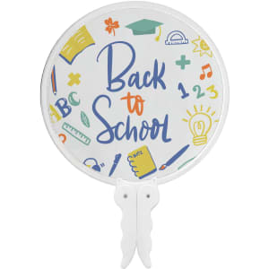 A foldable fan featuring a white background with colourful illustrations and the text "Back to School." It has a logo.