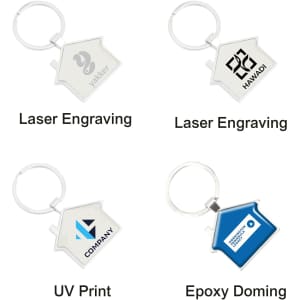 A house-shaped metal keyring in silver with a blue variant displayed, featuring various logo designs.