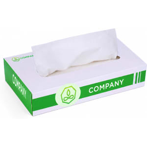 A tissue box in white and green, featuring a logo, designed for home and living use.