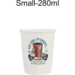 A white compostable paper cup featuring a graphic design with a large drink and text.