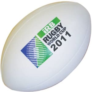 A white stress Australian football featuring a logo and text related to the Rugby World Cup 2011.