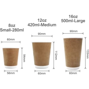 A set of three custom disposable double wall kraft paper cups in various sizes: 8oz, 12oz, and 16oz, featuring white rims.