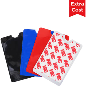 A set of four RFID card protector sleeves in black, blue, red, and white with a logo.