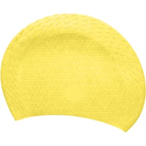 A yellow silicone swimming cap with a textured surface, featuring a logo.