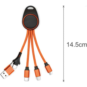A 6-in-1 light-up charging cable in black and orange with multiple connectors, including USB and various charging tips.