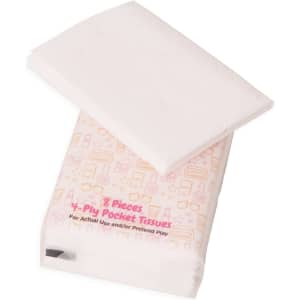 A pack of white pocket tissues, featuring a patterned design, containing eight 4-ply tissues and a logo.