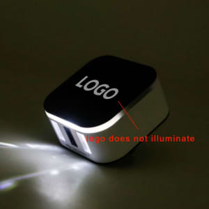 A travel adapter in black and white with two USB ports and a non-illuminating logo.