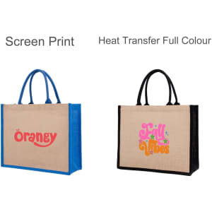 Coloured jute tote bags in natural with blue and black handles, featuring vibrant printed designs.