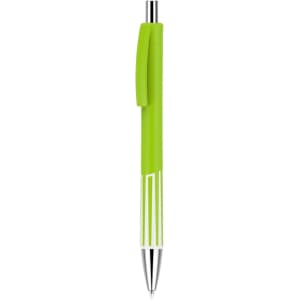 A green plastic pen with a contrasting grip and chrome accents. The pen features a logo.