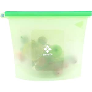 A silicone reusable storage pouch in translucent green and white, featuring a branded logo and a zip closure.