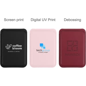 A set of three PU foldable magnetic card holders in black, pink, and burgundy, featuring various logos.