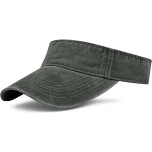 A washed sun visor in a dark grey colour with a wide brim and an adjustable band at the back.