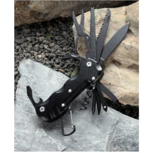 A multifunction pocket knife with multiple tools, including blades, a corkscrew, and a carabiner, in black.