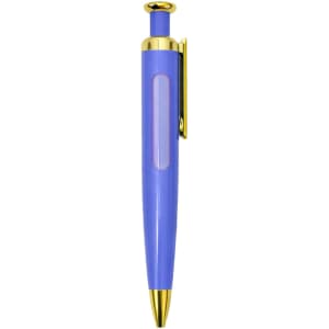 A purple pen with a gold clip and accents, featuring a transparent window design. It has a logo on the side.