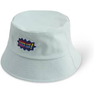 A light blue bucket hat with a colourful logo on the front. Suitable for various outdoor activities.