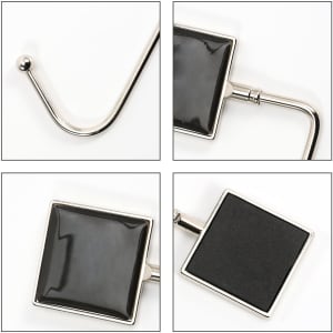 A square, black desk hook with a shiny silver metal finish, featuring a curved hook end.