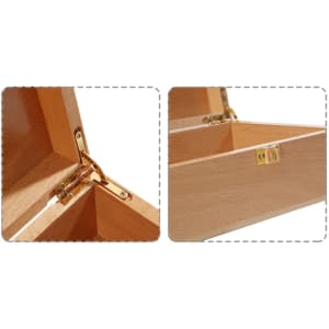 A wooden case featuring a natural finish, gold hinges, and a secure latch for storage.