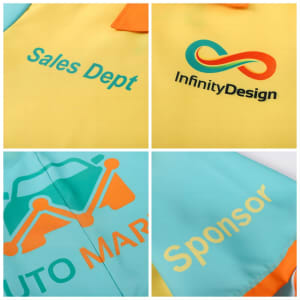 A vibrant yellow and teal Hawaiian button-up shirt featuring an orange collar and branding details.