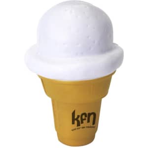 An ice cream cone stress reliever in yellow with a white scoop on top, featuring a logo on the cone.