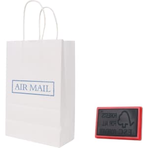 A white kraft paper bag with twisted handles, accompanied by a red rubber stamp.