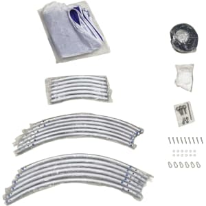 A set of silver metal poles, fabric components, and assorted hardware for a round hanging banner.