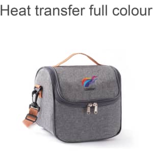 A grey customizable lunch bag with a zip closure and a carrying handle. It features a logo on the front.
