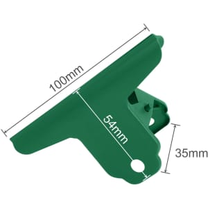 A green metal binder clip in a triangular shape, with dimensions of 100mm x 54mm x 35mm. It has a logo visible.