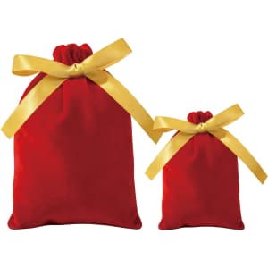 Red drawstring gift bags in two sizes, each featuring a gold satin ribbon tied in a bow.