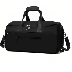 A black convertible backpack duffel garment bag with dual handles and a removable shoulder strap, featuring multiple compartments.
