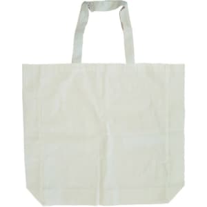 A natural beige calico bag with short handles and a gusset, featuring a logo on one side.