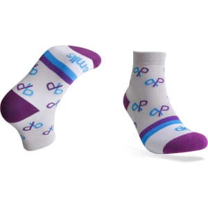 Ankle socks with a patterned design in white, purple, and blue, featuring a towel bottom for added comfort.