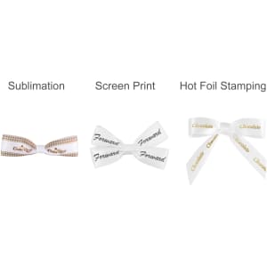 Three types of twist tie bows in white and patterned designs, featuring various decorative prints.