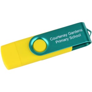 A yellow and green Double-end Belton Type C Flash Drive with a clip and branding.