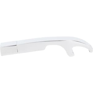 A silver bottle opener with a flash drive compartment, featuring a sleek, modern design and a logo on its surface.