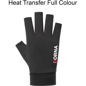 Fingerless gloves in black with a logo, designed for sun protection. Features a sleek, fitted style.