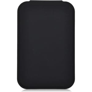 A portable mini mirror with a sleek black casing, featuring a simple design and rounded edges.