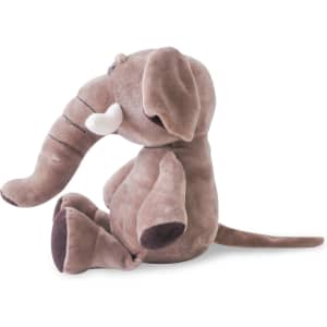 A brown plush elephant toy with soft features, including tusks and a curved trunk, sitting upright.
