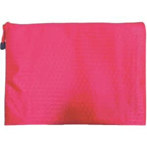 A bright pink zip bag with a textured hexagonal pattern and a zip closure, featuring a small branding logo.