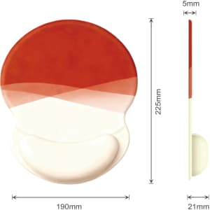 A lightweight balloon gel pad in red and white, featuring a curved design, with dimensions provided.
