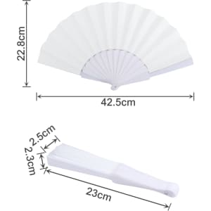 A white hand-held paper fan, elegantly folded, with measurements indicated for its size. It features a simple handle and design.