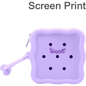A square purple silicone pouch with black holes and a braided zipper pull, featuring a logo.