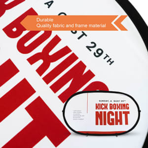An oval-shaped pop-up banner featuring a red and white design with a branding logo.
