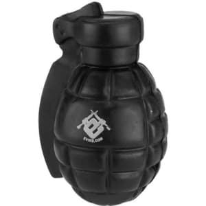 A black grenade-shaped stress reliever with a textured surface and a grip handle, featuring a logo.