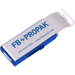 A drink bottle opener and flash drive in silver and blue, featuring a logo.
