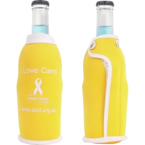 A drink bottle cooler in bright yellow, designed to fit standard bottles, with a logo and breast cancer awareness ribbon.